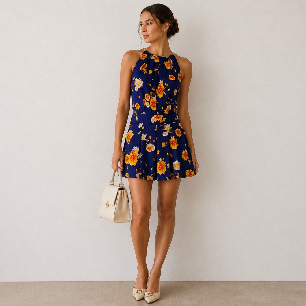 Burberry London Mini Dress L Blue Floral Sunflower Halter Cottage Boho Designer